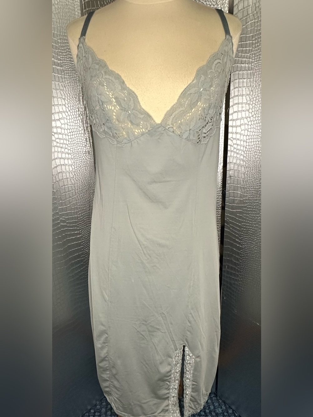 Mac & Maggi Vintage Lace Trim Chemise Slip Dress in Light Gray Blue